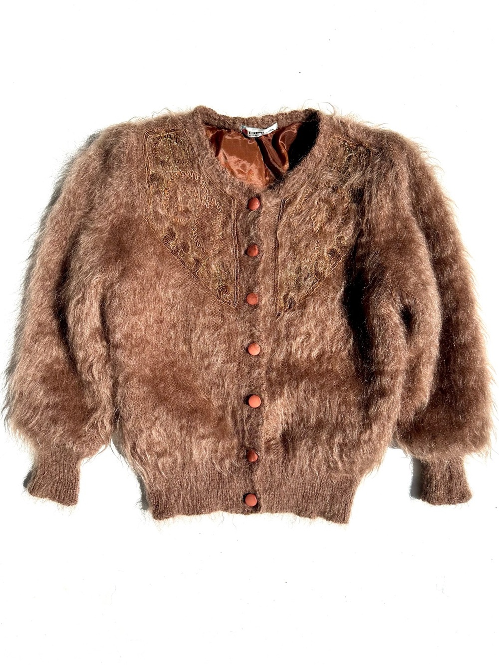 80% Mohair Italian Long-Hair Cozy Tan Fuzzy Button-Front Women Cardigan Jacket S